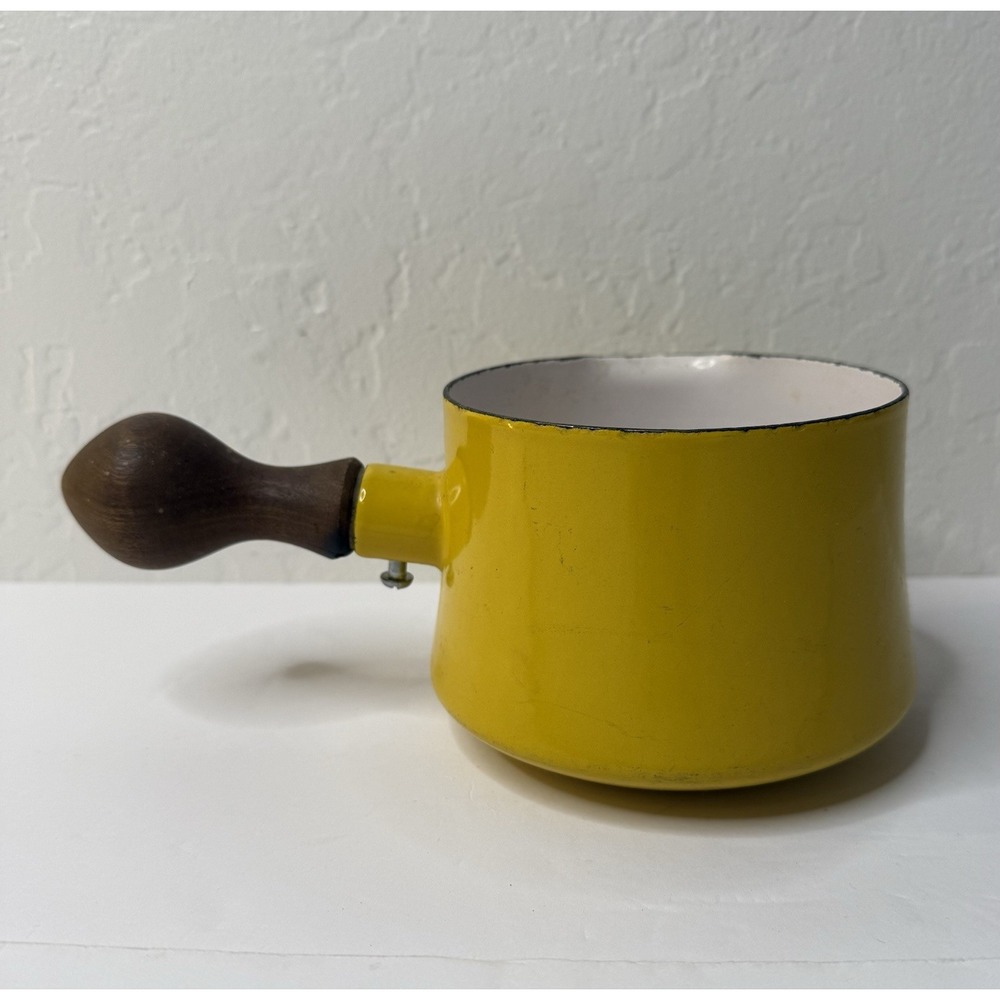 Vintage Dansk Designs France Kobenstyle Yellow Enamel Butter Warmer Teak Handle